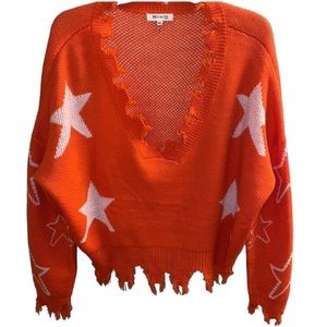 Miracle Orange Star-Print Distressed V-Neck Sweater
